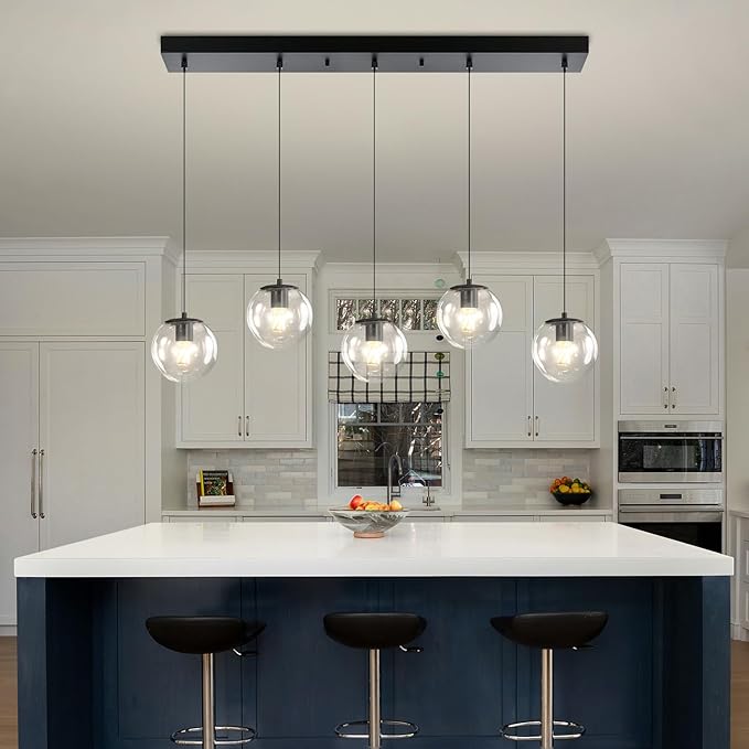 5-Lights Modern Rectangle Chandelier Globe Pendant Light,Black Linear Globe Chandeliers for Dining Room and Kitchen Island