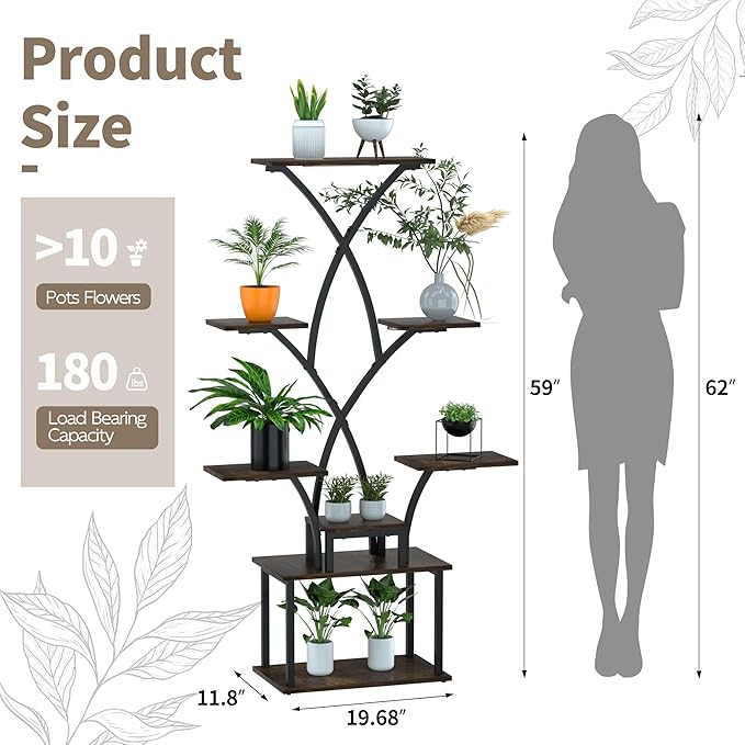 8-Tier Plant Stand Indoor with Grow Light, MDF Plant Shelf Indoor for Multiple Plants Space Saving, 59” Tall Metal Plant Rack for Corner, Living Room, Patio, Garden.
