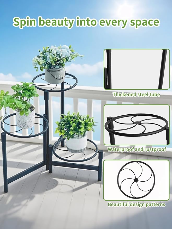 3 Tier Plant Stand Outdoor Tall Metal Corner Plant Stand for Patio Garden Balcony Living Room Bedroom Indoor Tiered Plant Shelf Black Kite