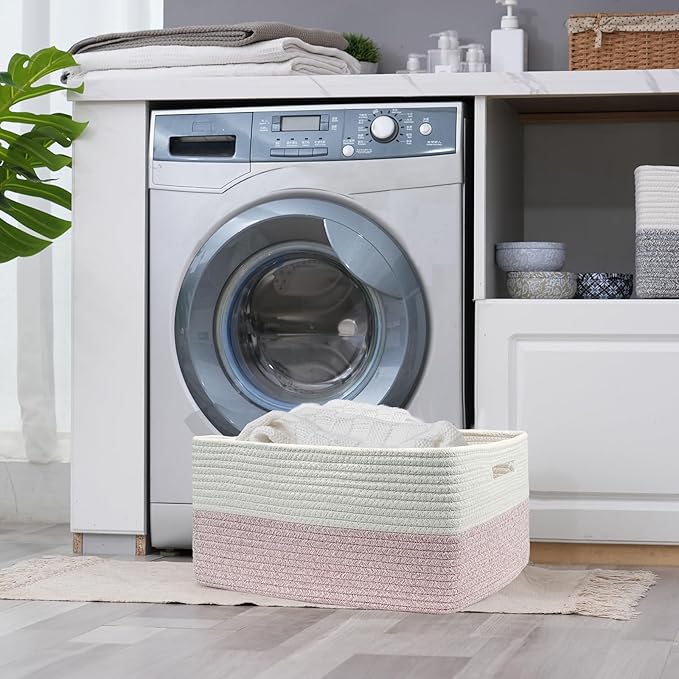 COMFY-HOMI 3 pcs Large Storage Baskets for Shelves, Laundry Basket, Woven Rope Basket, Closet Organizer Bins for Clothes Blanket Towels, Baby Nursery, Gift Toy Baskets, 17” x 13” x 7.5”-White/Pink