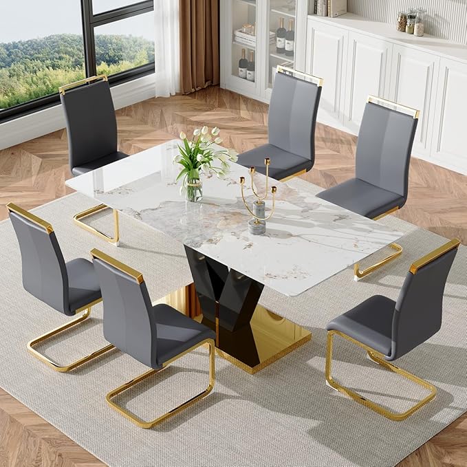 71'' Dining Room Table Set for 6,Marble Dining Table Set,Modern Kitchen Table with 6 PU Leather Chairs,Gold Dining Table Set with V-Shaped Black Glossy Pillars,Ideal for Kitchen Dining Room