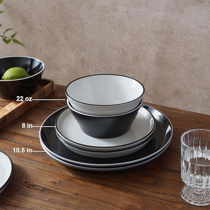 Famiware Saturn Dinnerware Sets, Plates and Bowls Sets for 4, 12 Pieces Stoneware Dish Set - Chip and Scratch Resistant, Microwave and Dishwasher Safe Tableware Set, Black and White with Rim