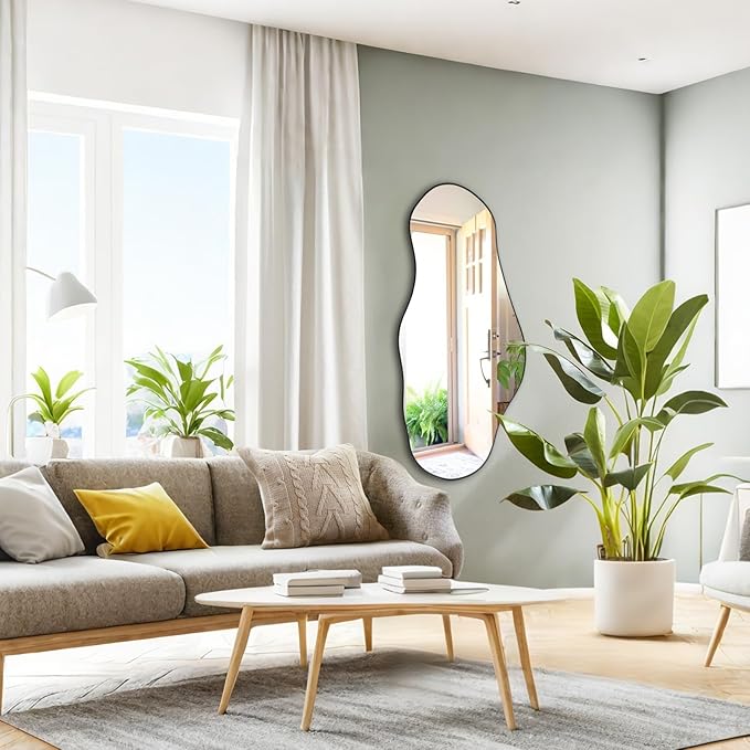 Large Irregular Mirror, 47.2"x21.4" Asymmetrical Oblong Mirror, Cloud Shaped Mirrors, Modern Waved Decorative Mirrors for Living Room Bathroom Bedroom Entryway Fireplace