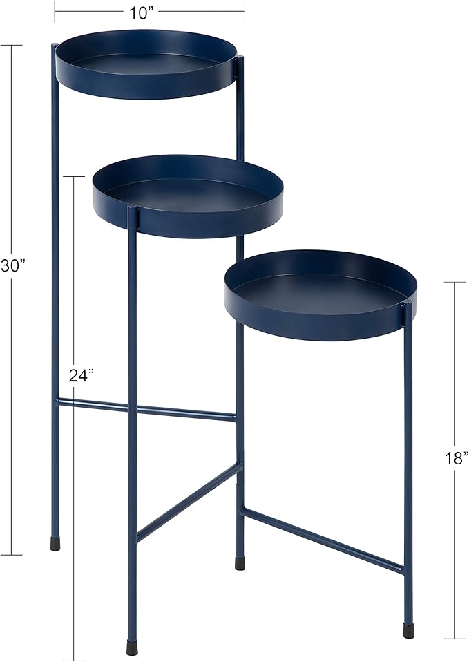 Kate and Laurel Finn Tri-Level Metal Plant Stand, 16" x 21" x 30", Navy Blue, Decorative Hinged Tray Stand Display