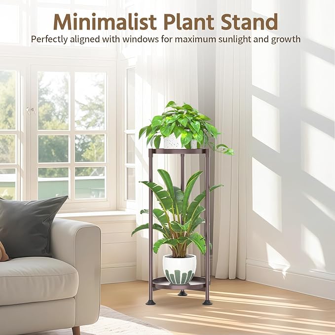 LASZOLA 2 Tier Bronze Plant Stand Indoor for Large Tall Heavy Duty Flower Planter, Metal Vertical Multi Level Rack for Narrow Floor Corner, Sturdy Round Holder Organizer, Modern, Mid Century, Farmhouse