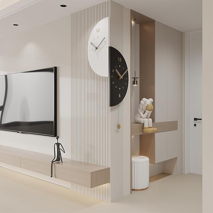 Wall Clock 17.7 Inch Double Sided - Modern Battery Operated with Pendulum, Unique Angle Corner Mounted Decorative Clock for Bedroom Living Room Office