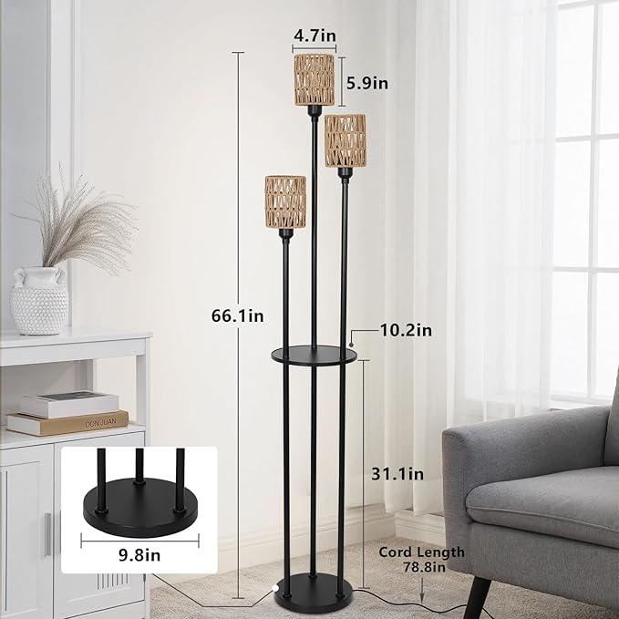 Dimmable Boho Floor Lamps for Living Room, 3-Lights Farmhouse Floor Lamp with 3-Way Foot Switch, Rattan Floor Lamp with Shelves, Rustic Standing Lamp with Rattan Shades, Tall Lamps for Bedroom