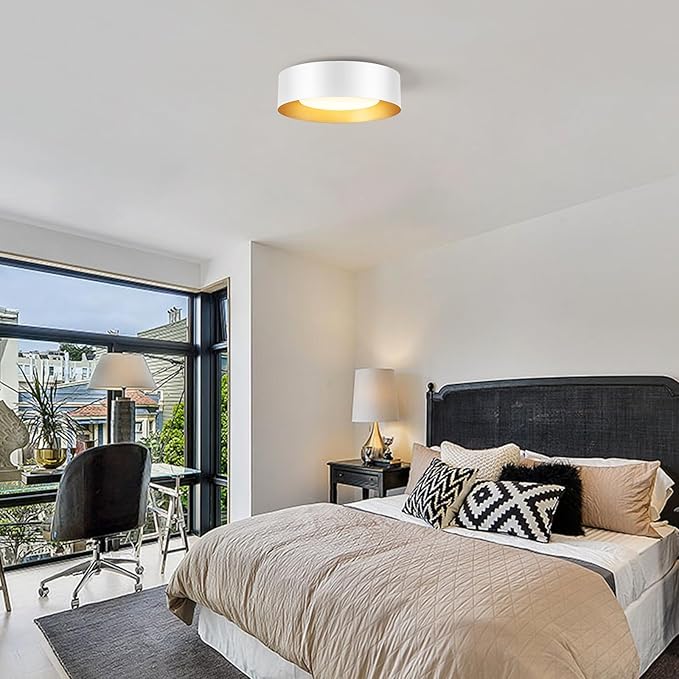 Modern Flush Mount Ceiling Lights,Minimalist 12.5IN Round Close to Ceiling Light Fixtures,White and Gold Metal Ceiling Lighting Lamp for Kitchen,Bedroom, Entryway,Hallway