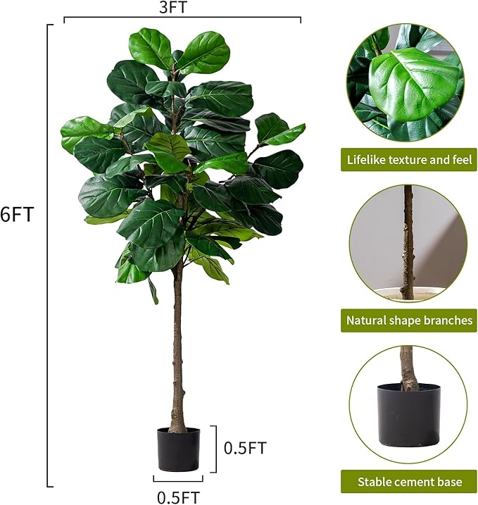 Artificial Fiddle Leaf Tree-6ft Faux Plant Fake Ficus Lyrata Tree Artificial Fig Silk Trees with Pot Floor Plants for Home Living Room Decor Indoor（No Planter