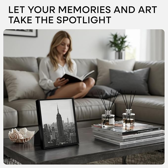 Homeforia Black Picture Frame 8.5 x 11, High End Metal 8.5x11 Poster Frames with Mat 6x8 Photo, 8.5 x 11 Frame Matted to 6 by 8 Art, 8.5by11 Wall or Tabletop Frames, Tempered Glass, Wall Kit, Set of 2