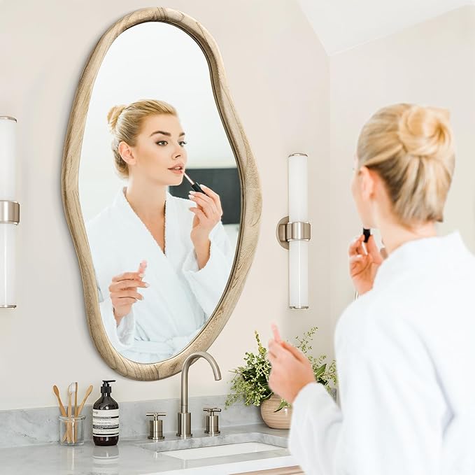 JJUUYOU Irregular Wood Mirror Asymmetrical Bathroom Wall Mounted Mirror 34"x22" Large Horizontal or Vertical Hanging Wall Mirrors for Makeup Bedroom Living Room Wood