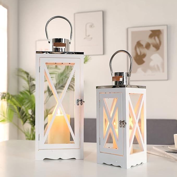 TRIROCKS Set of 2 Farmhouse Wood Lantern 17.5''&24.5'' Metal Decorative Outdoor Lantern with Tempered Glass Rustic Candle Holder for Thanksgiving Christmas Patio Garden Indoor Outdoor(White Rectangle)