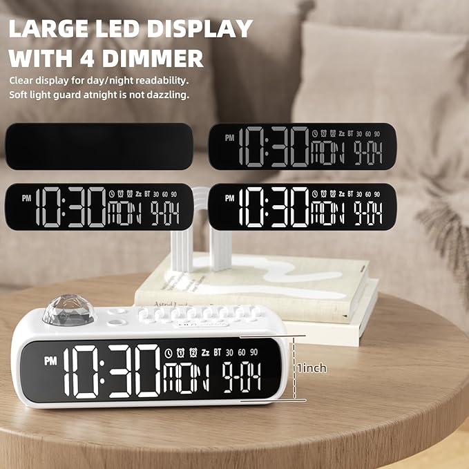 White Noise Sound Machine with Clock for Baby Kids Adults, with 8 Soothing Sounds for Office & Sleeping, 30/60/90 Mins Timer, Bluetooth Speaker, Star Projector Galaxy Light for Home, Travel