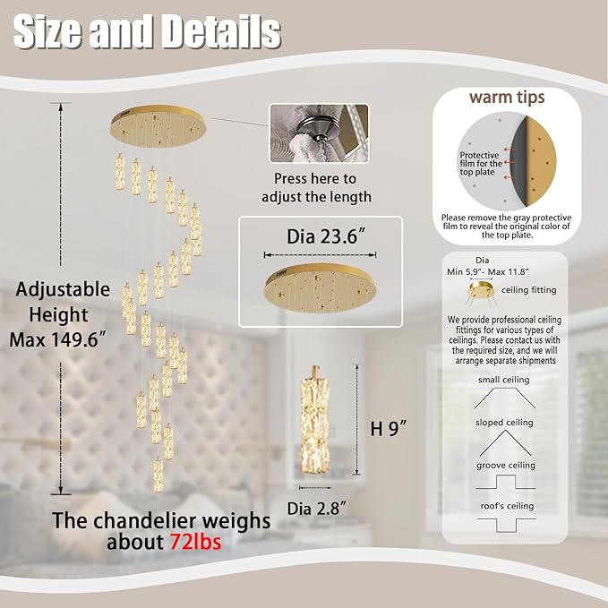 Modern Crystal Chandelier 24-Lights Gold Chandelier Lighting Fixture High Ceiling Chandelier Suitable for Living Room Staircase Villa