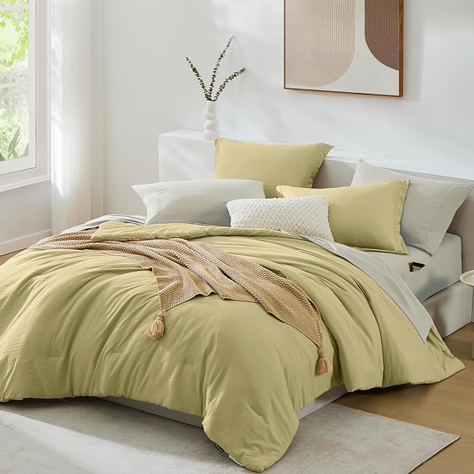 WRENSONGE Queen Comforter Set - 7 Pieces Hemp Soft Bed in a Bag Queen with Fitted Sheet, Flat Sheet, 2 Pillow Shams, and 2 Pillowcases- Warm Bedding Sets for All Season