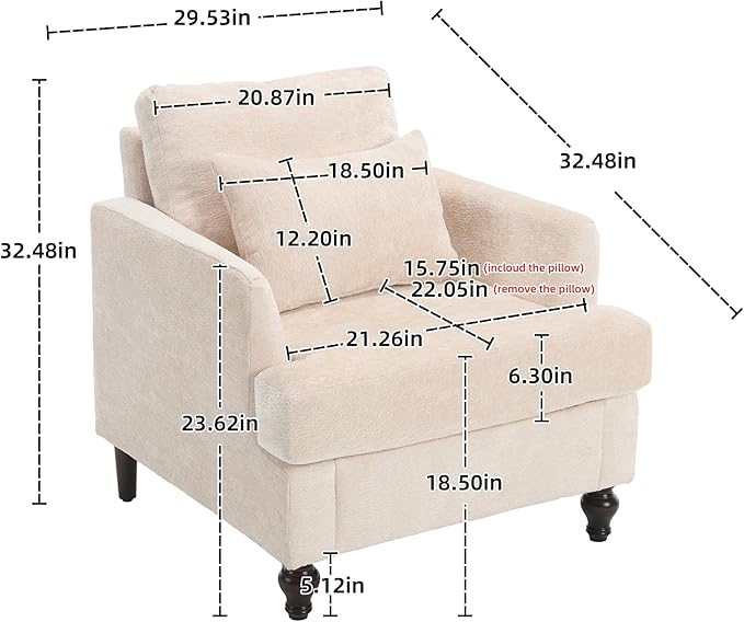 Furnilivng Mid-Century Modern Accent Chair, Comfortable Chenille Lounge Armchair, Upholstered Cozy Single Sofa Chair for Living Room, Bedroom, Reading Room, Home Office, Beige