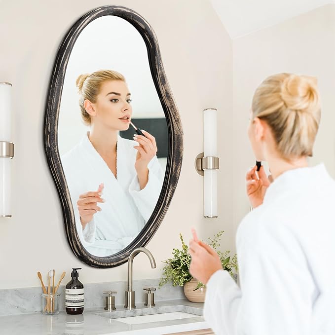 JJUUYOU Irregular Mirror Asymmetrical Wall Mirror 34"x22" Modern Hanging Mirrors for Bathroom Bedroom Living Room Hallway Large Wall Mounted Makeup Dressing Mirrors Rustic Black