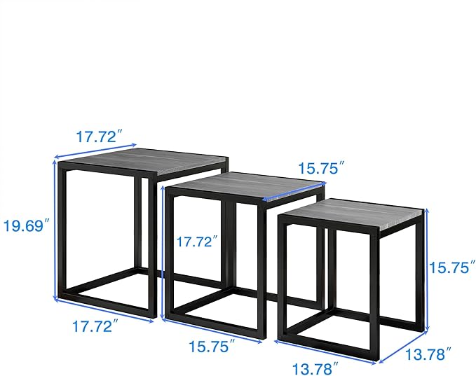 Nesting Table Set of 3 Side Tables, Modern Coffee Table Stacking End Table with Metal Frame (A-Square, Grey)