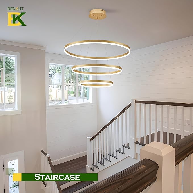 D31.5 Modern LED Chandelier Gold Dimmable 3 Ring Pendant Light for Dining Room, Kitchen Chandelier Circular with Remote Control Flush Mount High Ceiling Light for Living Room, 3000K-6500K