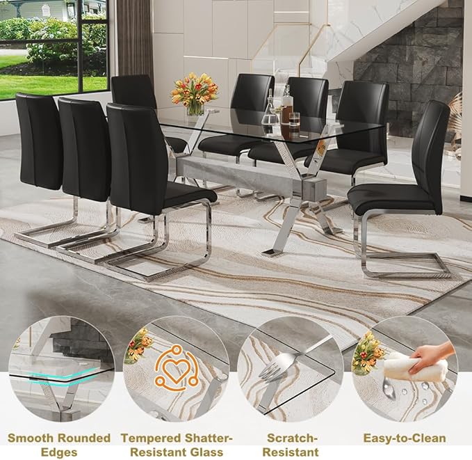 71'' Glass Dining Table Set for 8,9 Piece Dining Table Set with Tempered Glass Tabletop and Open‑Frame X‑Shaped Metal Base,Kitchen Table and Chairs Ideal for Dining Room&Home Office