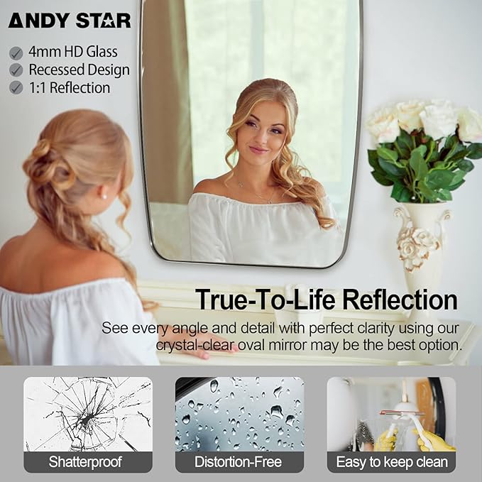 ANDY STAR Brushed Nickel Mirror, 24x32’’ Oval Mirror for Bathroom, Brushed Nickel Oblong Bathroom Mirror for Over Sink, Modern Anti Rust Silver Vanity Mirror