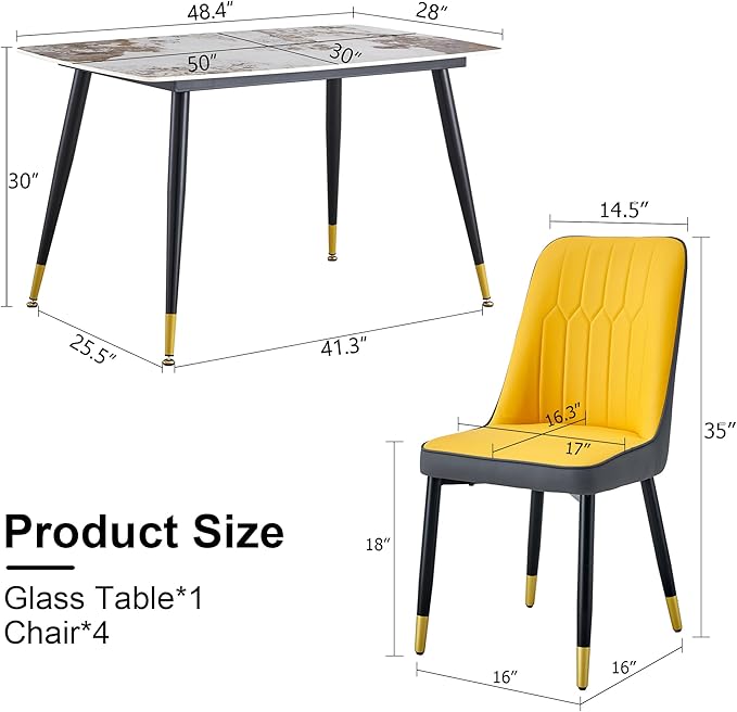 5 Pieces Modern Sintered Stone Dining Table Set 50" Rectangular Faux Marble Kitchen Table with 4 PU Leather Chair Dinner Set(1Faux Marble Table+4Orange and Gray Chairs)