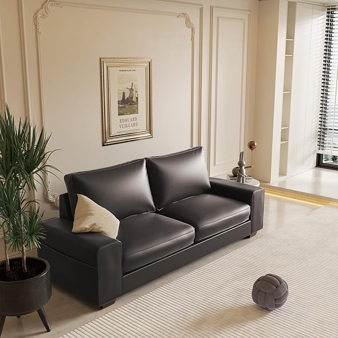 Faux Leather Couch, Mid Century Modern Comfy Loveseat Sofa with Wide Arm, Side Pockets, Solid Wooden Frame for Office, Living Room and Bedroom, 2 Seater (Gery, 71.25 Inches)