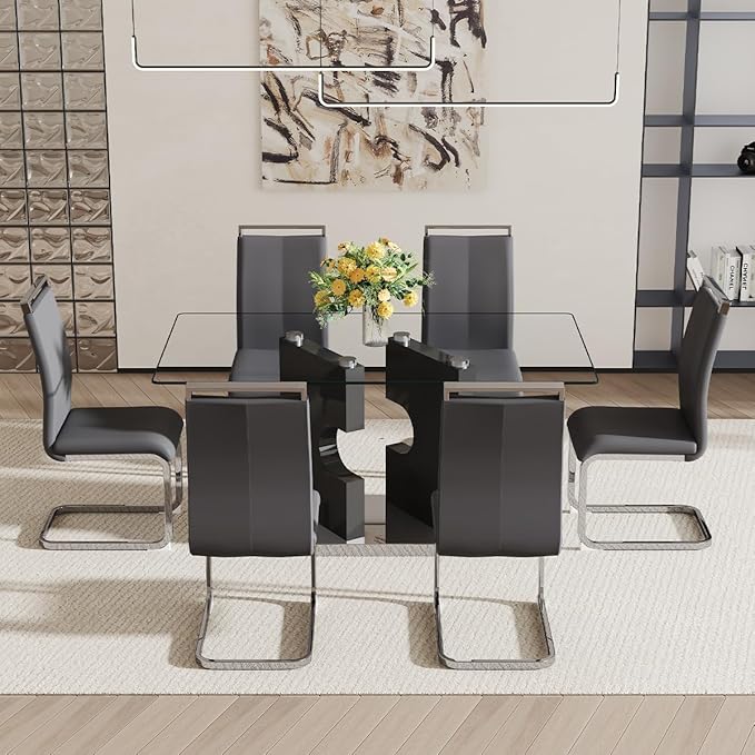 Glass Dining Room Table Set for 6,Dining Table Set for 6 with PU Leather Chairs,Retangular Dining Table with MDF Table Legs and Sliver Base for Dining Room