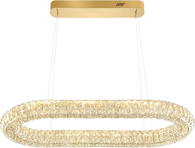 Oval Crystal Chandelier, 31.5'' Gold Crystal Ring Pendant Light for Kitchen Island Modern Linear Oval Chandeliers for Dining Room Dimmable 3000K-6000K