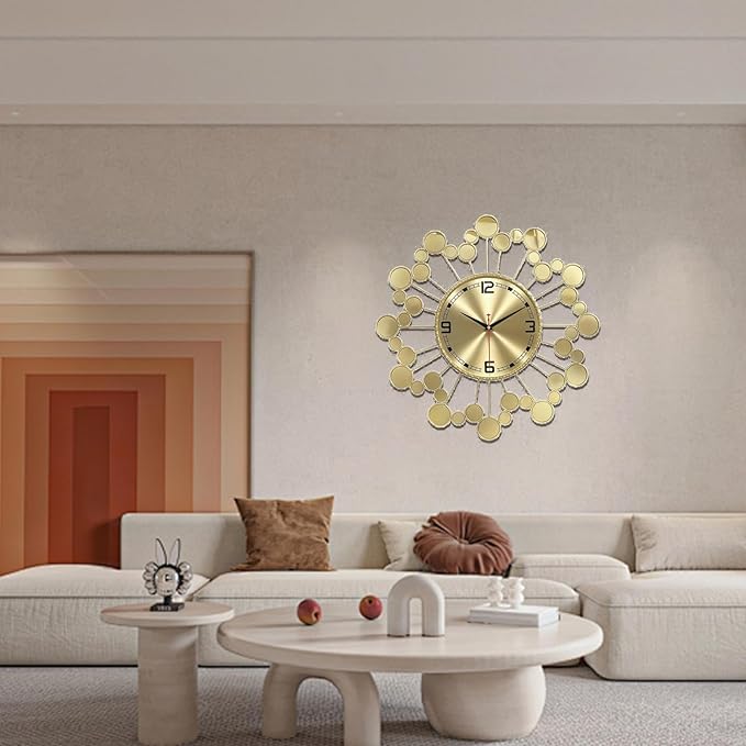 Wall Clock 22.8 Inch - Large Gold Sunburst Clock Non-Ticking Battery Operated, Starburst Round Wall Watch for Living Room Bedroom Kitchen Office, Home Decorations