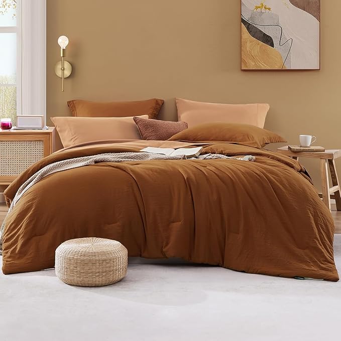 WRENSONGE Queen Comforter Set- 7 Pieces Terracotta Bed in a Bag Queen with Fitted Sheet, Flat Sheet, 2 Shams, and 2 Pillowcases- Warm Bedding Sets for All Season
