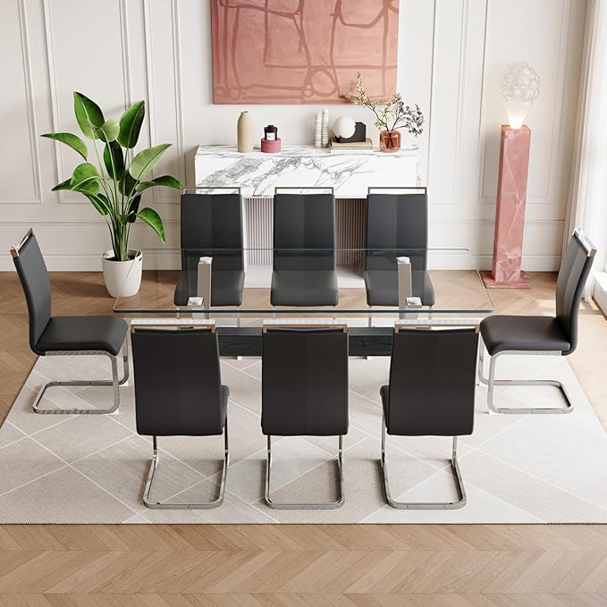 9 Piece Glass Dining Table Set, Kitchen Table Chairs Set for 8, 71'' Dining Table with 0.4" Tempered Glass Tabletop with Plated Metal Legs and MDF Crossbar, 8 PU Chairs for Dining Room, Kitchen.