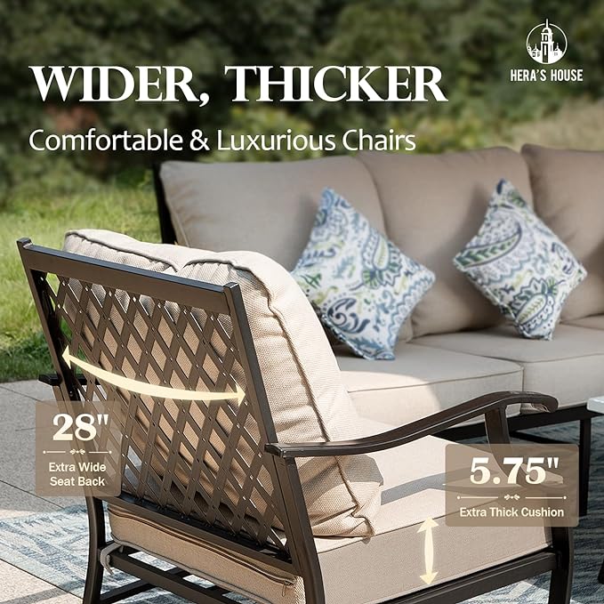 HERA'S HOUSE 4 Piece Patio Furniture Set, 2 x Rocking Metal Frame Cushioned Chair, 3-Seat Sofa with Marbling Coffee Table, All Weather Outdoor Conversation Set for Lawn Garden Backyard