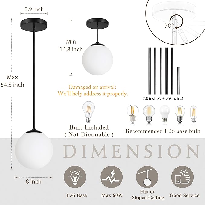 8" Globe Pendant Light Black Mid Century Modern Light Fixture Milk Glass Pendant Light Globe Pendant Lights Kitchen Island Matte Black Finished with Milk Glass Lampshade for Dining Room