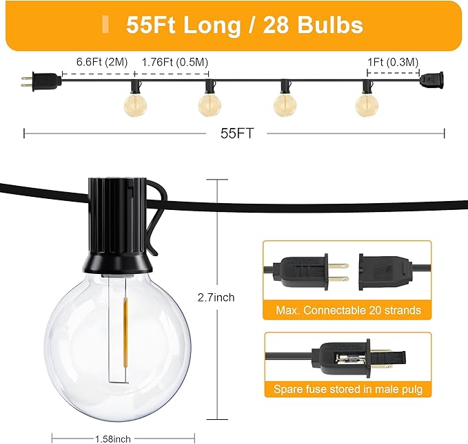 OHLUX Outdoor String Lights, 55FT Shatterproof LED Patio Lights with 26 Dimmable Plastic G40 Bulbs, 2200K Waterproof Connectable Hanging String for Backyard, Cafe, Porch, Deck, E12 Base
