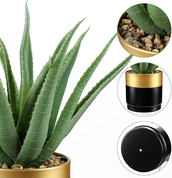 Briful Succulents Artificial Plants Realistic Agave Plant, Gold Black Metal Pot, Farmhouse Aloe Vera Fake Plants for Home Office Desk Bathroom Shelf Decorations