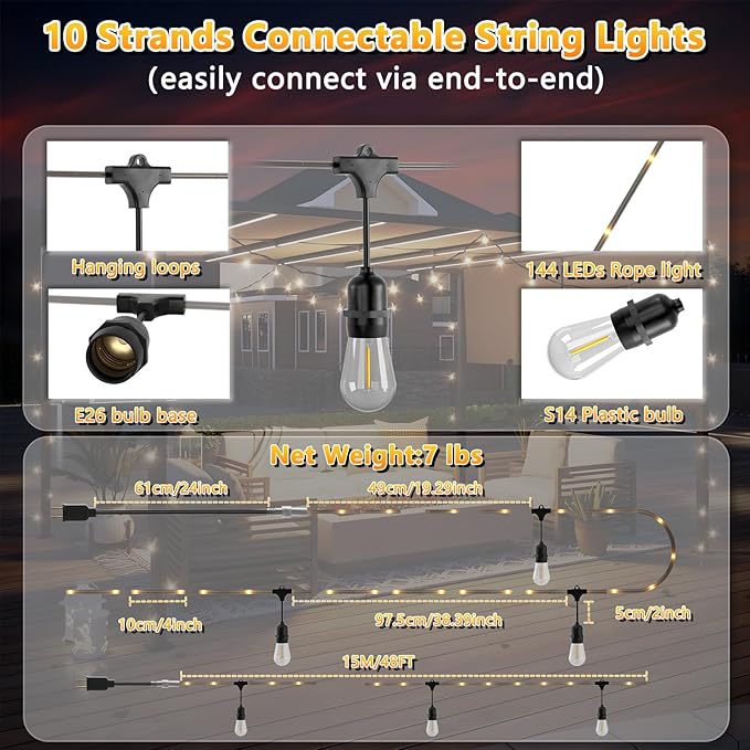 Outdoor String Lights with Lighted Tubing, 48 ft Outside String Lights with 16 (15+1spare) S14 Retro Bulbs & 144-LED Lighted Fairy Tubing, IP65 Waterproof &Connectable LED Light for Patio Bistro