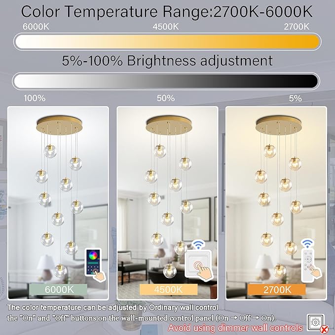 H118 Modern Glass Globe Chandelier Staircase Chandelier for Entryway 12-Lights Glass Globe Pendant Light Large Chandeliers for High Ceiling Foyer Stairwell