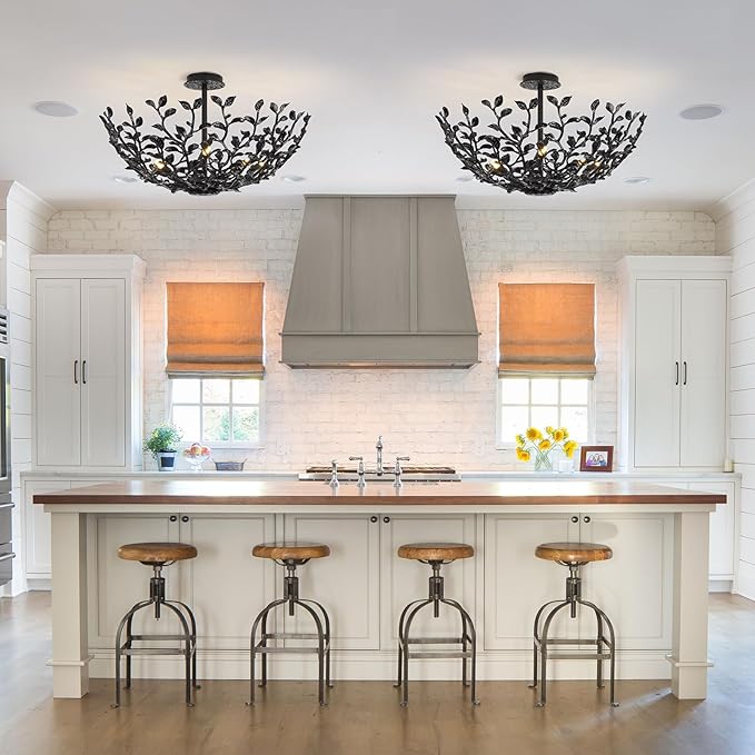 Black Tree Branch Semi Flush Mount Ceiling Light, 6-Light Chandeliers Ceiling Lighting, 25.5" Metal Modern Farmhouse Chandeliers for Kitchen Entryway Living Room Bedroom Foyer Hallway