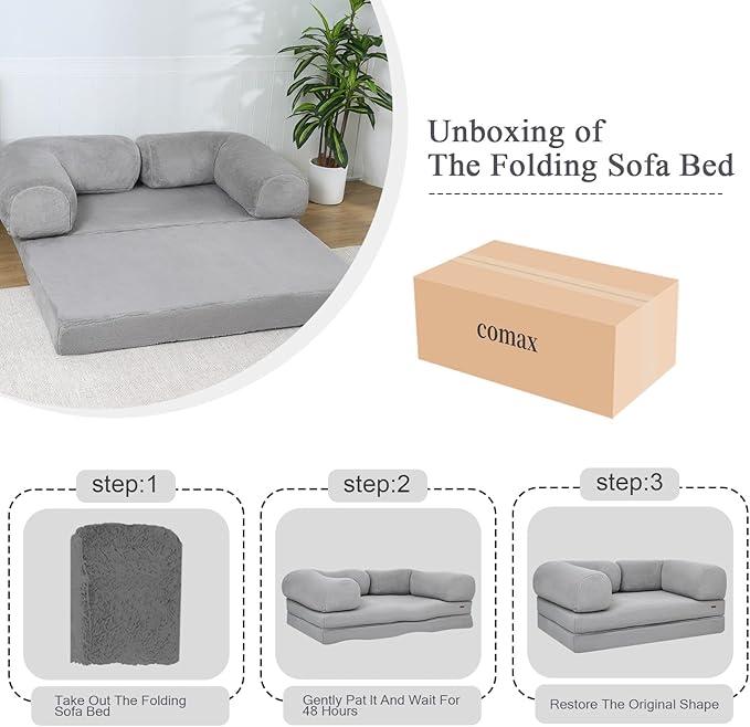COMAX Folding Sofa Bed Queen, Foldable Couch Bed, Fold Out Futon Chair Sleeper for Adults, Convertible Floor Mattress Sofa for Bedrooom Living Room Guest Room, Faux Fur Grey