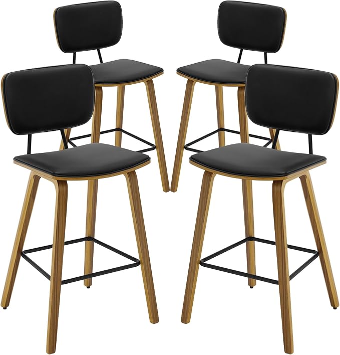 Counter Height Bar Stools Set of 4, PU Leather Upholstered Barstools with Backs, Bent Wood Legs, 26 Inch Seat Height, Mid Century Modern Counter Stools for Kitchen Island, Black