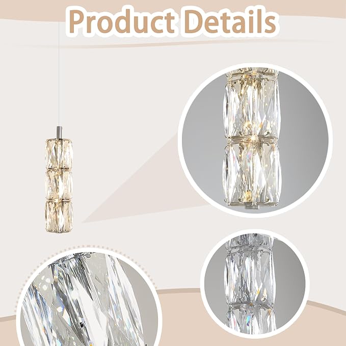 Pendant Lights Kitchen Island 3-Lights Silver Crystal Chandelier for Dining Room Hallway Stairwell,LED Dimmable 2700K-6000K