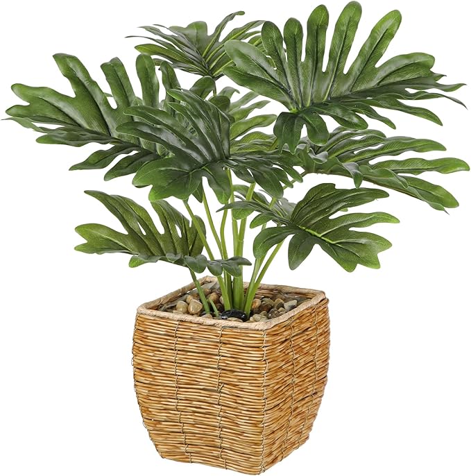 Briful Fake Plants Potted Monstera Artificial Plants Indoor Realistic Greenery Faux Plants in Square Plastic Rattan Baskets for Home Decor Farmhouse Office Weddings