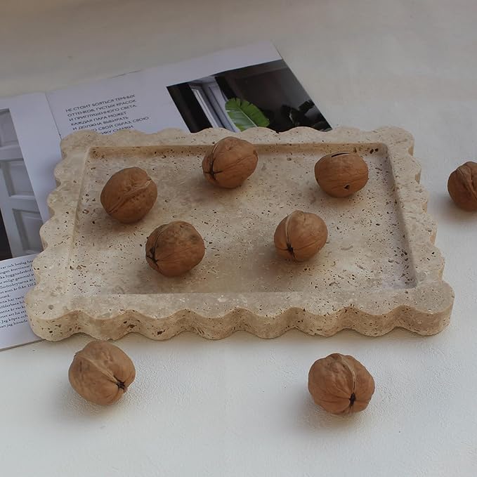 Natural Luxury Scalloped Marble Tray 10.8"x8", Rectangle Vanity Tray for Bathroom Kitchen Counter, Decorative Tray for Dresser Home Decor - Beige Travertine