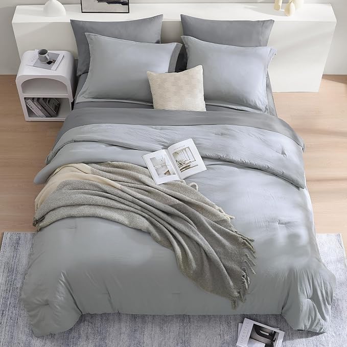 WRENSONGE Light Grey King Comforter Set, 7 Pieces Soft Microfiber King Size Comforter with Fitted Sheet, Flat Sheet, 2 Pillow Shams, and 2 Pillowcases- Warm King Bedding Set for All Season