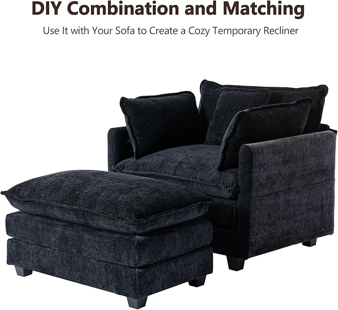 SweetGO corporation 40" Chenille Lounge Chair for Reading, Modern Couch Cozy Sofa Bed, Upholstered Living Room Single Sofa Accent Chair with Ottoman, Black