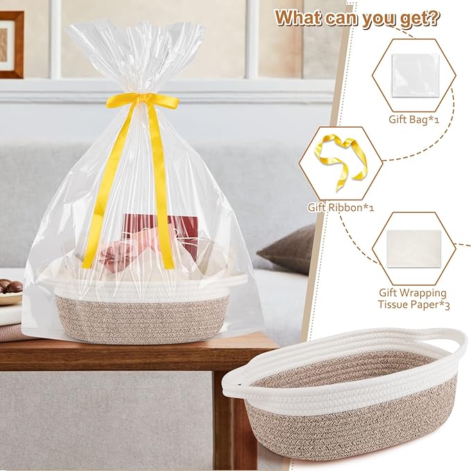 OIAHOMY Gift Basket Empty with Handle, 12"x 8"x 5" Small Woven Basket with Gift Bag, Ribbon and Wrap Tissue Paper, Dog Toy Storage for Organizing - Brown & White