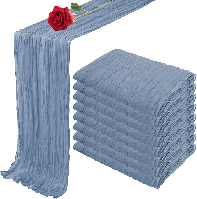 8 Pack Dusty Blue Cheesecloth Table Runner 35x120 Inches 10ft Boho Gauze Rustic Cheese Cloth Runners Long Romantic Sheer Christmas Table Runner for Wedding Bridal Baby Shower Party Decorations