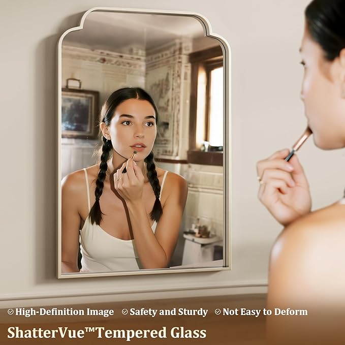 20" x 30" Silver Arch Bathroom Mirror, Wall Mounted Vanity Mirror with Metal Frame, Modern Decorative Scalloped Wall Mirror for Sink, Bedroom, Living Room, Entry, Farmhouse Home