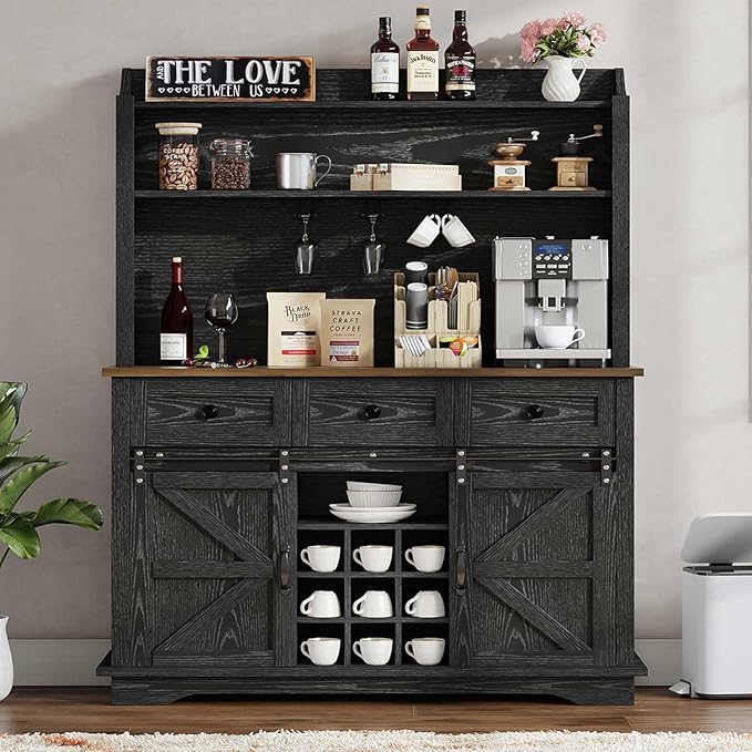 63 Inch Tall Coffee Bar Cabinet with 3-Tier Storage, Kitchen Hutch with 3 Drawers, Farmhouse Coffee Bar with 9 Racks & 3 Glass Holders, Wine Bar Cabinet for Living Dining Room, Black